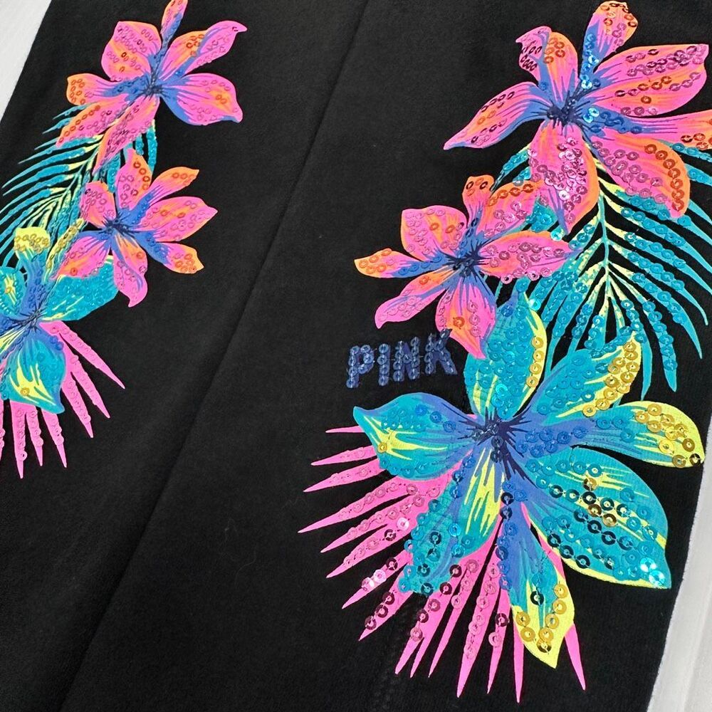 PINK Victoria’s Secret Tropical Floral Bling Yoga Leggings L Black Sequin Waist - Picture 16 of 16